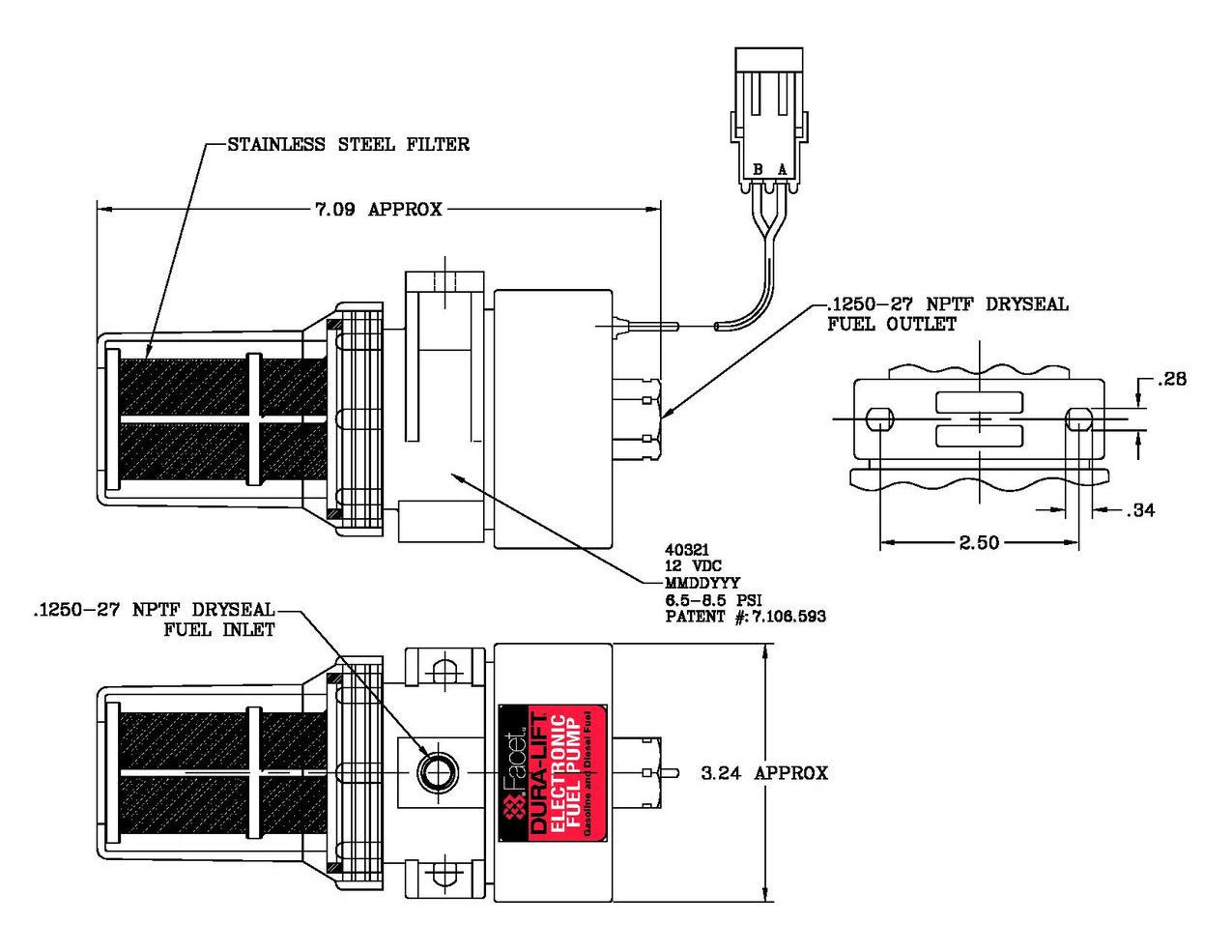 FuelPumper Facet 40321N Dura-Lift Fuel Pump, 12 Volt, 9.0-11.0 PSI, 33 GPH